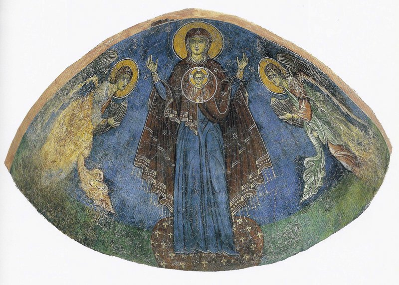 This 13th-century fresco depicts the Virgin Mary flanked by Archangels Michael and Gabriel. It is one of the frescoes that will be returned to Cyprus early next year. Antiquities smugglers looted frescoes from a church in northern Cyprus following a 1974 Turkish invasion that split the island into a Turkish-speaking north and a Greek-speaking south.