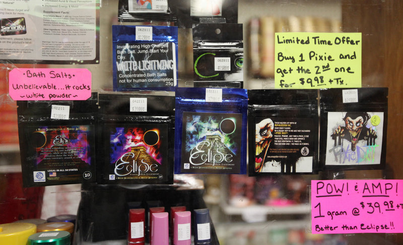 Business was brisk at The Last Place on Earth in Duluth, Minn., before a statewide ban on synthetic drugs took effect July 1. These are some of the bath salts included in the ban.