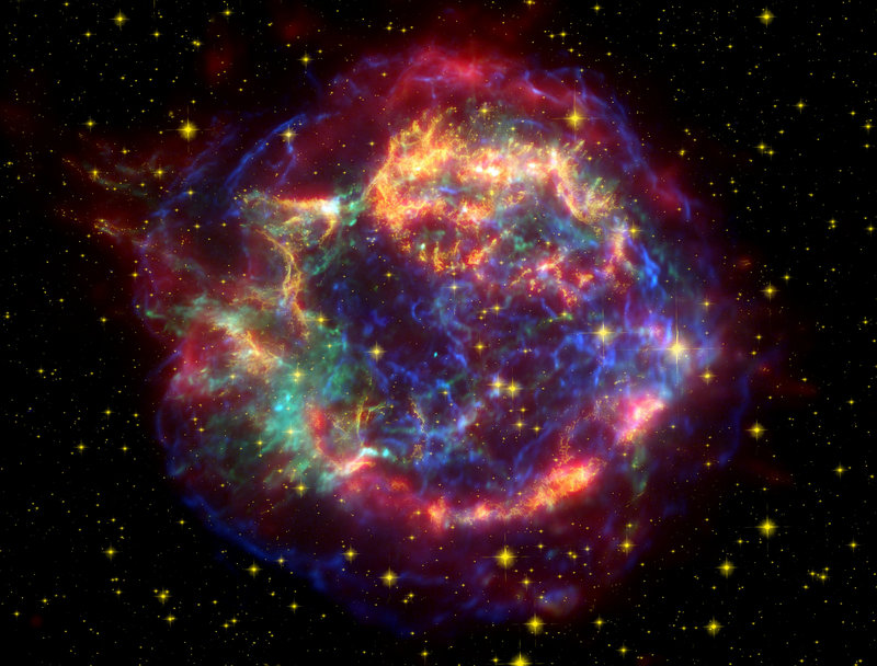 A false-color image provided by NASA shows the supernova remnant Cassiopeia A. Observations of supernovas, which are exploding stars, led scientists to believe that the universe is expanding at an accelerating rate.