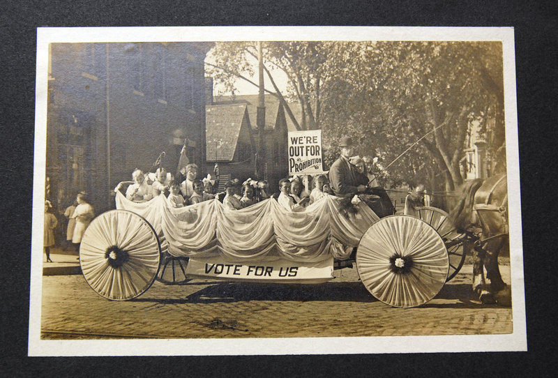 This photo, dated 1911, shows a parade float supporting Prohibition in Maine, although the exact location isn’t clear. The Woman’s Christian Temperance Union was an instrumental part of the Prohibition movement.