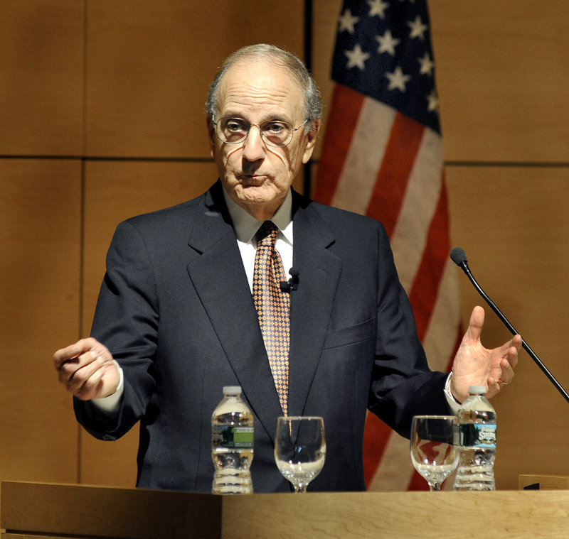Former Sen. George Mitchell addresses a crowd Wednesday night at the University of Southern Maine. His talk, which focused on the Middle East, was his first since he stepped down as U.S. special envoy to the troubled region in May.