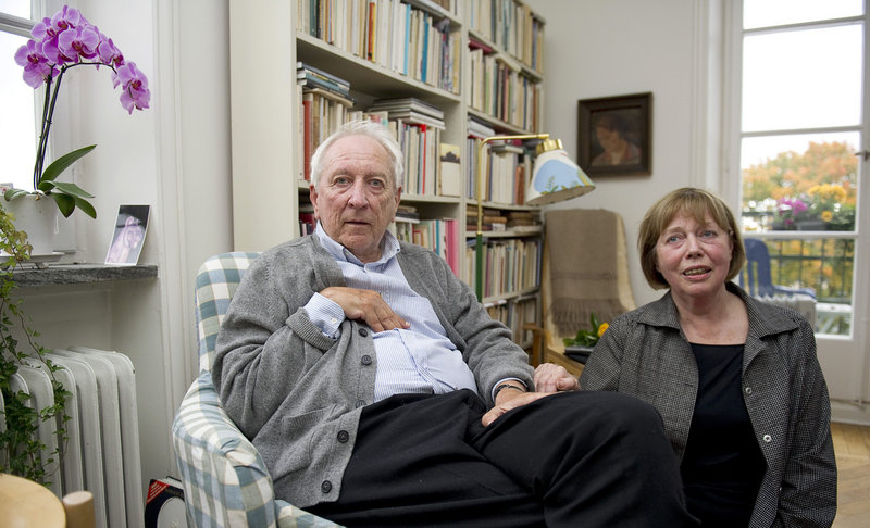 Swedish poet Tomas Transtromer and his wife, Monica, pose for a photograph at their home in Stockholm, Sweden, on Thursday after he was awarded the 2011 Nobel Prize in literature. Now 80, Transtromer has retired from writing.