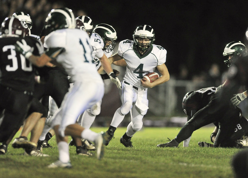 Bonny Eagle quarterback Tyson Goodale ran for three touchdowns and threw for 165 yards in a 29-22 come-from-behind victory at Gorham on Friday night.