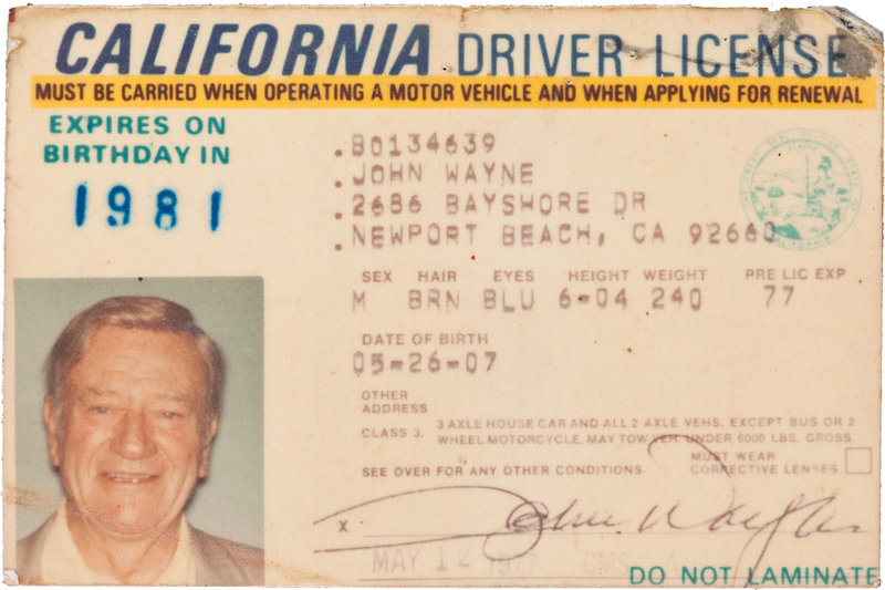 Issued in 1977, two years before he died, John Wayne's California driver's license sold for $89,625 in a public auction.