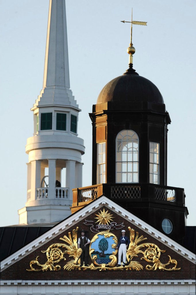 Ellsworth City Hall, right, and the steeple of First Congregational Church add to a distinctive cityscape.
