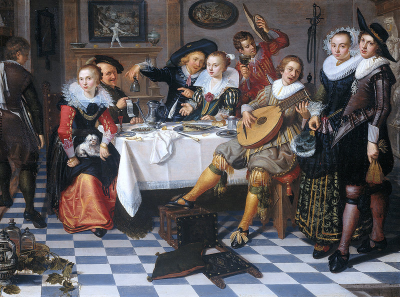 “A Party” (1629) by the Dutch painter Isaac Elias, places a lute player at the center of attention.