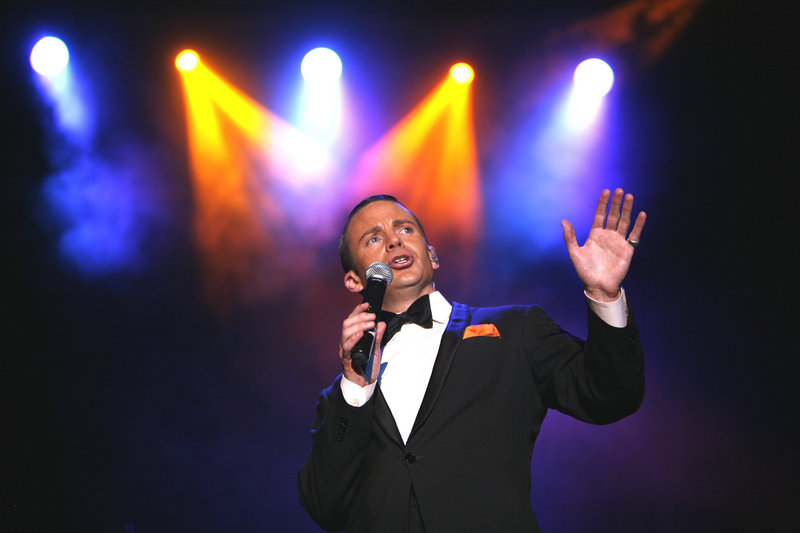 Brian Duprey stars as Frank Sinatra in “The Rat Pack is Back!” The homage to the original Rat Pack of Sinatra, Davis, Bishop and Martin is at the State Theatre on Friday.