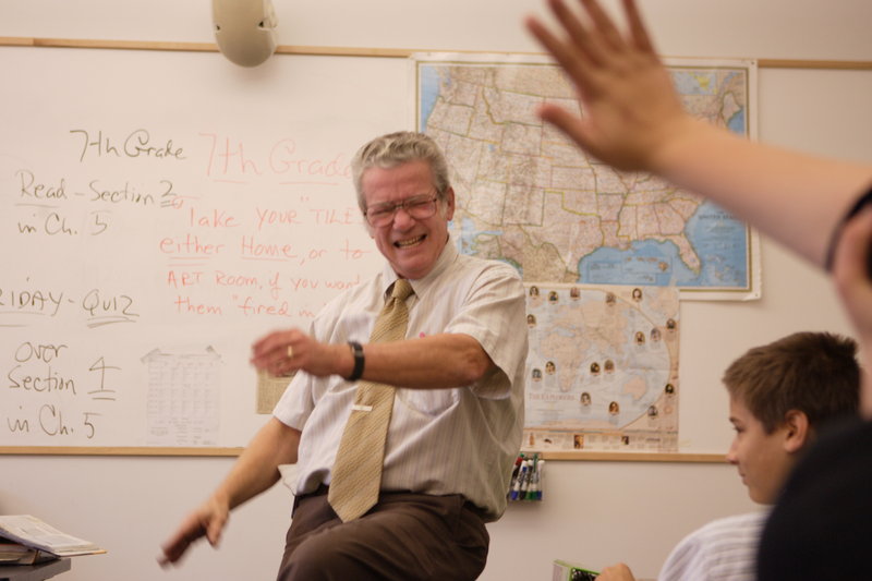 Paul Flaherty was a “passionate, energized and excitable” teacher, says a former student. In this 2005 photo, he engages students at North Yarmouth Academy, where he taught for 41 years.