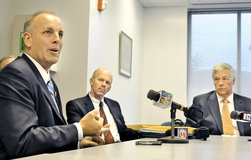 Michael Wardrop of the Maine Drug Enforcement Agency, from left, meets with Bangor Police Chief Ron Gastia and U.S. Rep. Mike Michaud at the Cumberland County Sheriff’s Office on Thursday to discuss the dangers of the illegal new drug called “bath salts.”