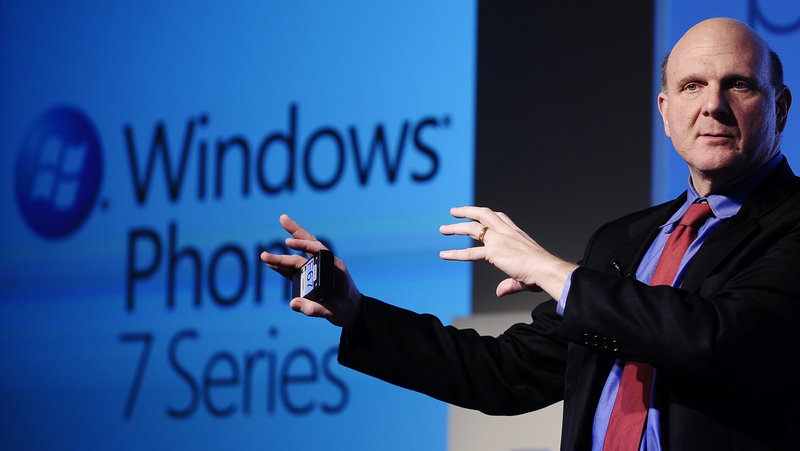Microsoft CEO Steve Ballmer presents Windows Phone 7 in February in Barcelona. Microsoft’s earnings for the third quarter rose 6 percent, highlighted by growth in the division that includes Windows. It was the first year-over-year gain in Windows revenue since the end of 2010.