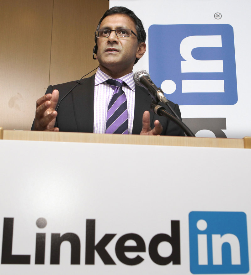Arvind Rajan, head of Asia operations for LinkedIn, speaks during a news conference Thursday in Tokyo to launch the job service in Japanese. It is LinkedIn’s first Asian language platform.