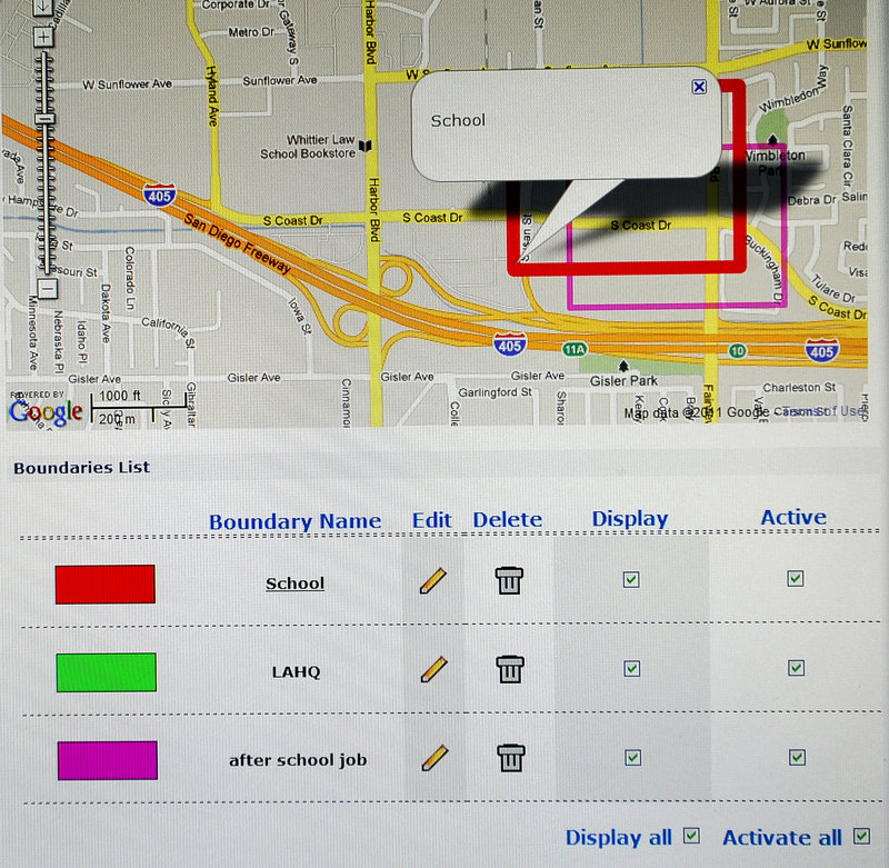 A screen shot from the password-protected website where AAA’s device will send information if the driver being tracked leaves a pre-set boundary.