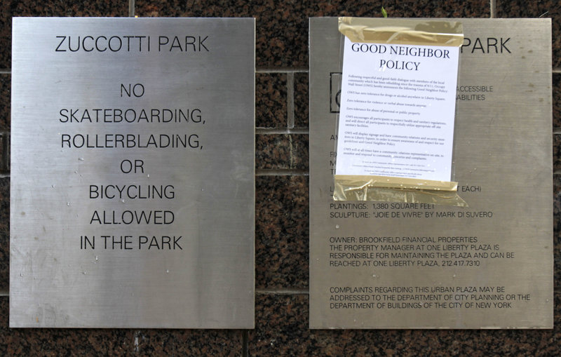 A “Good Neighbor Policy” is posted next to the Zuccotti Park rules in New York Thursday.