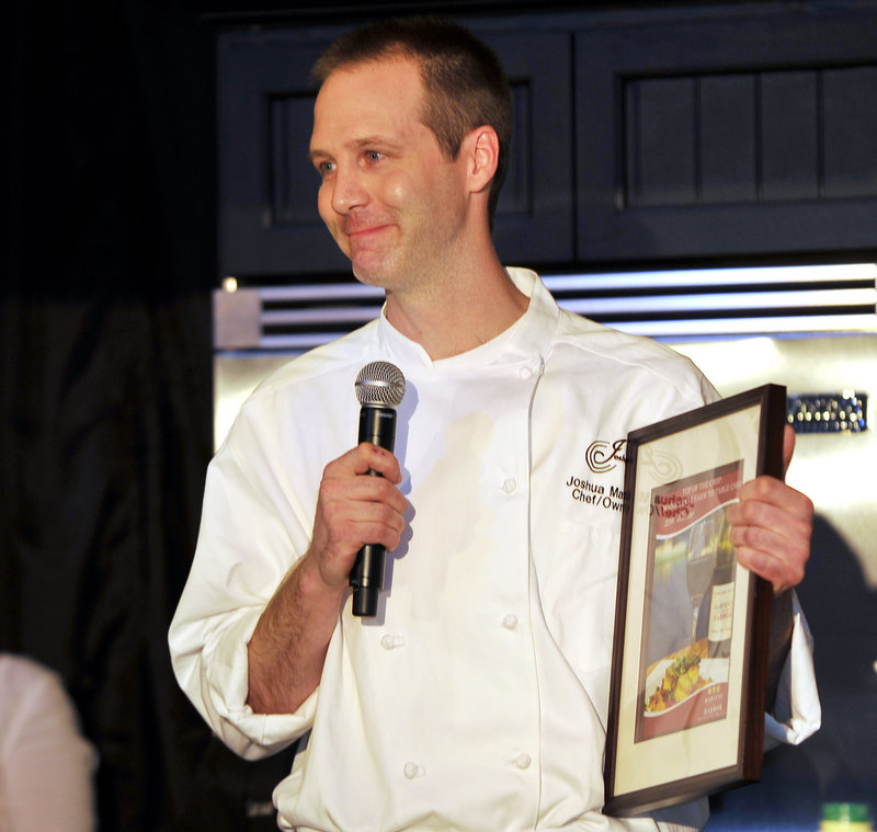 Joshua Mather of Joshua’s in Wells wins Top of the Crop, Maine’s Best Farm to Table Chef, at Harvest on the Harbor in Portland. He prepared a second course that included cider-braised country-style pork rib, balsamic-roasted beets and maple-roasted carrots and squash.