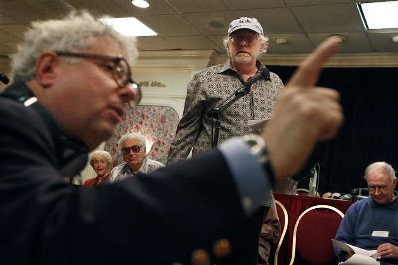 Writer Edgar Farr Russell III directs Russell Horton, center, as Jughead Jones, during rehearsal of his “Radio Goes to War” episode Friday at the Friends of Old-Time Radio convention in Newark, N.J.