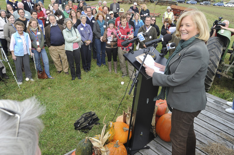 U.S. Rep Chellie Pingree, an organic farmer, introduces the Local Farms, Food and Jobs Act on Monday at Jordan’s Farm in Cape Elizabeth.