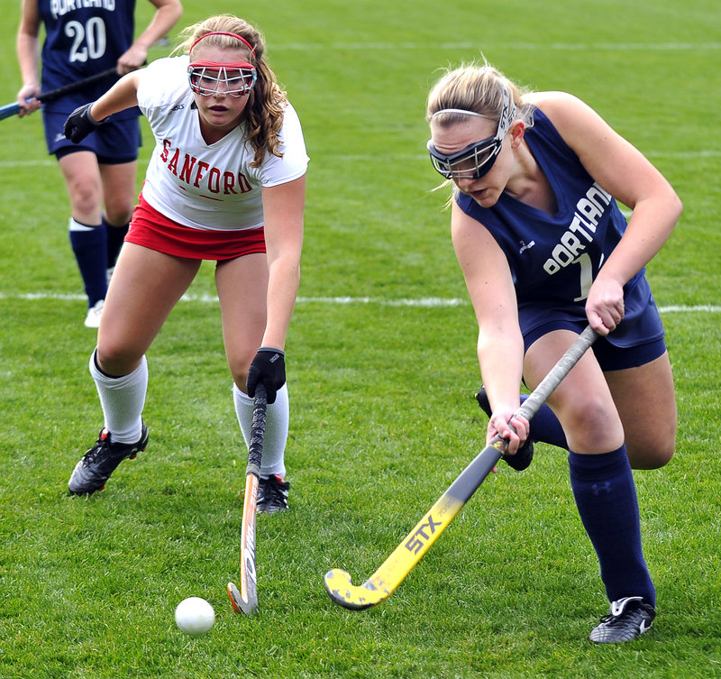 Alison Briggs, right, and her Portland teammates meet Marshwood in the Western Class A final tonight in Saco. Both programs have enjoyed unusually strong seasons with rosters comprised of “kids who love to play field hockey.”