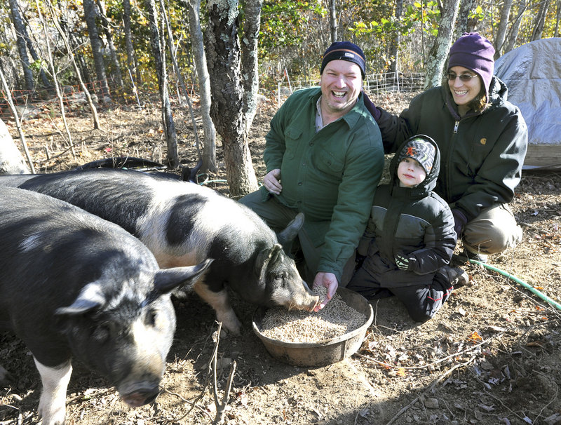 Glen and Rachel Powers and their son Nestor, 4, feed their remaining pigs at their home in Windsor. Chickens, turkeys and pigs are among their donations to the Augusta Food Pantry.