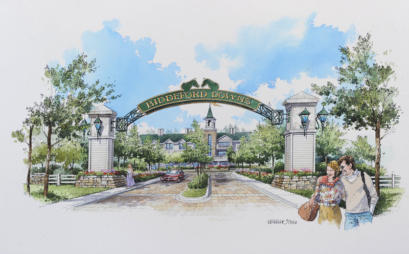 An artist's rendering shows what the entrance to the proposed Biddeford Downs might look like. Statewide approval of allowing a slot machine facility at the proposed track as well as at one in Washington County is on the ballot Nov. 8.