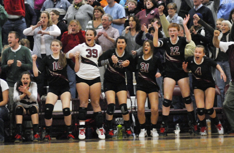 The Greely bench reacts as the Rangers score the points that close out Scarborough on Saturday in the Class A volleyball final, clinching an eighth title in nine years.