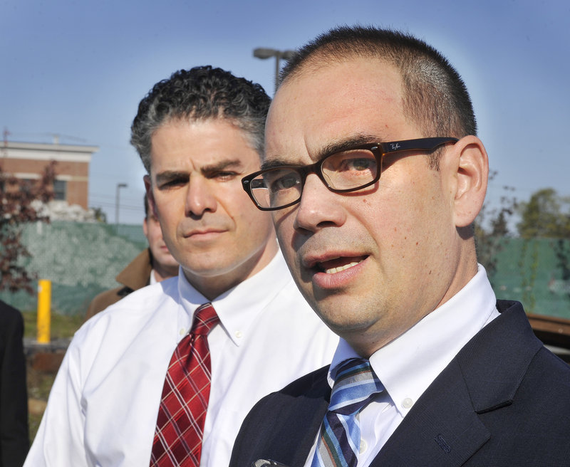 Mayoral candidates John Eder, right, and Ethan Strimling appear at a joint news conference Monday in Portland.