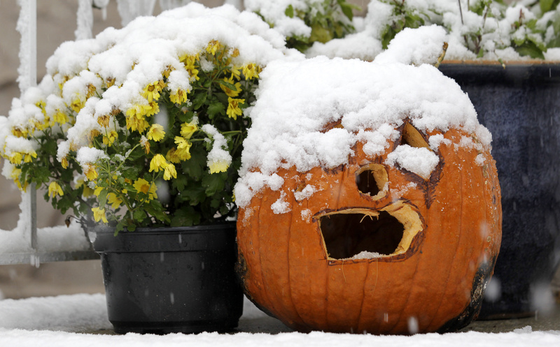 A jack-o'-lantern is covered with snow during a rare October snowstorm that hit the Northern New Jersey region today in North Bergen, N.J. A classic nor'easter is moving along the East Coast and is expected to dump anywhere from a dusting of snow to about 10 inches throughout the region starting today, a decidedly unseasonal date for a type of storm more associated with midwinter.