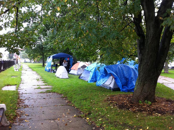 The scene in Lincoln Park this morning, where protesters stayed overnight in an assortment of tents and tarps.