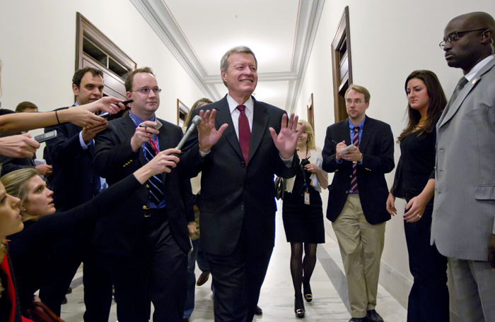 Supercommittee member and Senate Finance Committee Chairman Sen. Max Baucus, D-Mont., fends off reporters as he arrives to meet in the Capitol Hill office of Sen. John Kerry, D-Mass., with other Supercommittee members as time for action by the deficit reduction panel grows short today.