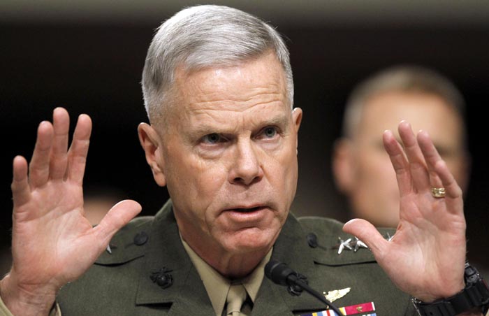 Marine Corps Commandant Gen. James Amos testifies on Capitol Hill in this Dec. 3, 2010, photo.