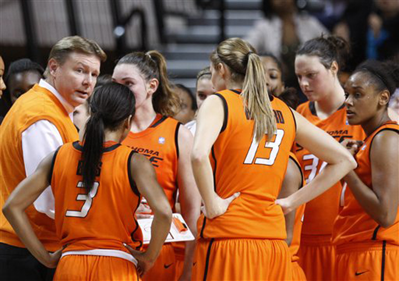 In this Nov. 9, 2011 file photo, Oklahoma State head coach Kurt Budke, left, talks to his team during a time out in an exhibition college basketball game against Fort Hays State in Stillwater, Okla. Oklahoma State University says Budke and assistant coach Miranda Serna were killed in a plane crash in central Arkansas. The university said in a news release Friday, Nov. 18, 2011 that the two were on a recruiting trip to Arkansas when the plane crashed near Perryville, about 45 miles west of Little Rock. (AP Photo/Sue Ogrocki, File)