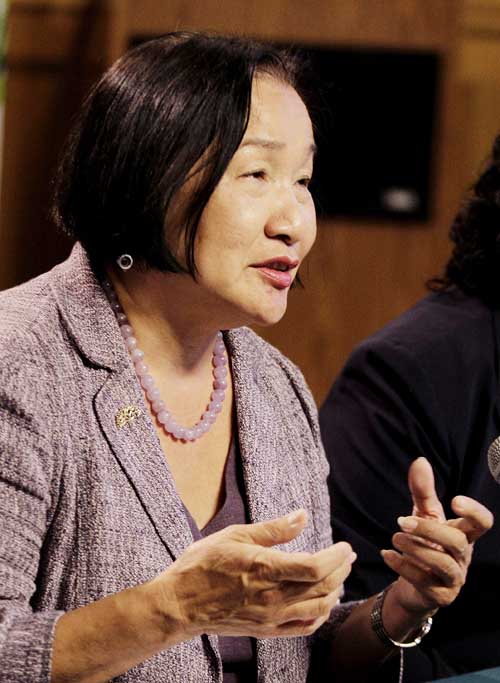 Mayor Jean Quan answers questions from reporters recently during a media conference in Oakland, Calif.