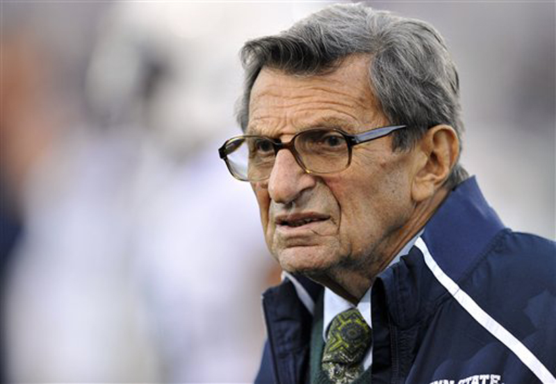 FILE - In this Oct. 22, 2011 file photo, Penn State coach Joe Paterno stands on the field before his team's NCAA college football game against Northwestern, in Evanston, Ill. Former Penn State coach Paterno has a treatable form of lung cancer, according to his son. Scott Paterno says in a statement provided to The Associated Press by a family representative that the 84-year-old Joe Paterno is undergoing treatment and that "his doctors are optimistic he will make a full recovery." (AP Photo/Jim Prisching, File)