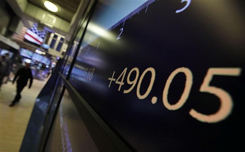 A screen on the floor of the New York Stock Exchange shows the point gain of the Dow Jones Industrial average, Wednesday, Nov. 30, 2011. A move by the world's central banks to lower the cost of borrowing exhilarated investors Wednesday, sending the Dow Jones industrial average soaring 490 points and easing fears of a global credit crisis similar to the one that followed the 2008 collapse of Lehman Brothers. (AP Photo/Richard Drew)
