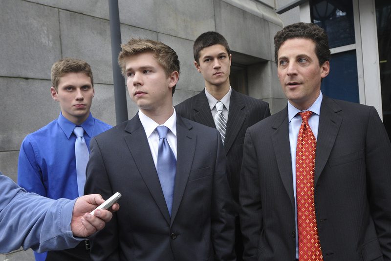 A letter writer says the Maine Principals' Association was wrong not to let hockey players, from left, Jackson Stevens of Cape Elizabeth, and A.J. Asbury and Anthony Verville, both of Portland, play hockey on a Deering-Portland High co-op team. At right is attorney Paul Greene.