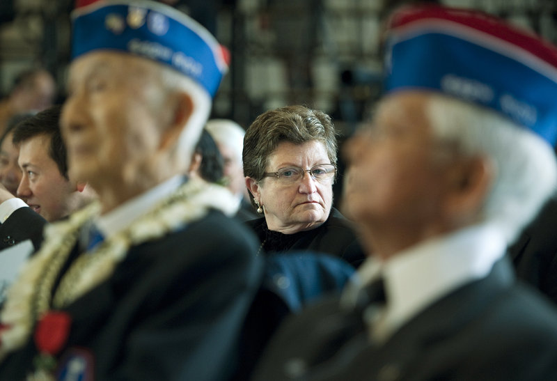 Jan Barrett of Lewiston attends a ceremony Wednesday in Washington at which her father, Army Lt. Thomas Plourde was honored posthumously with the Congressional Gold Medal. The award went to World War II military leaders and Japanese-American veterans of the 100th Infantry Battalion, 442nd Regimental Combat Team, as well as the Military Intelligence Service.