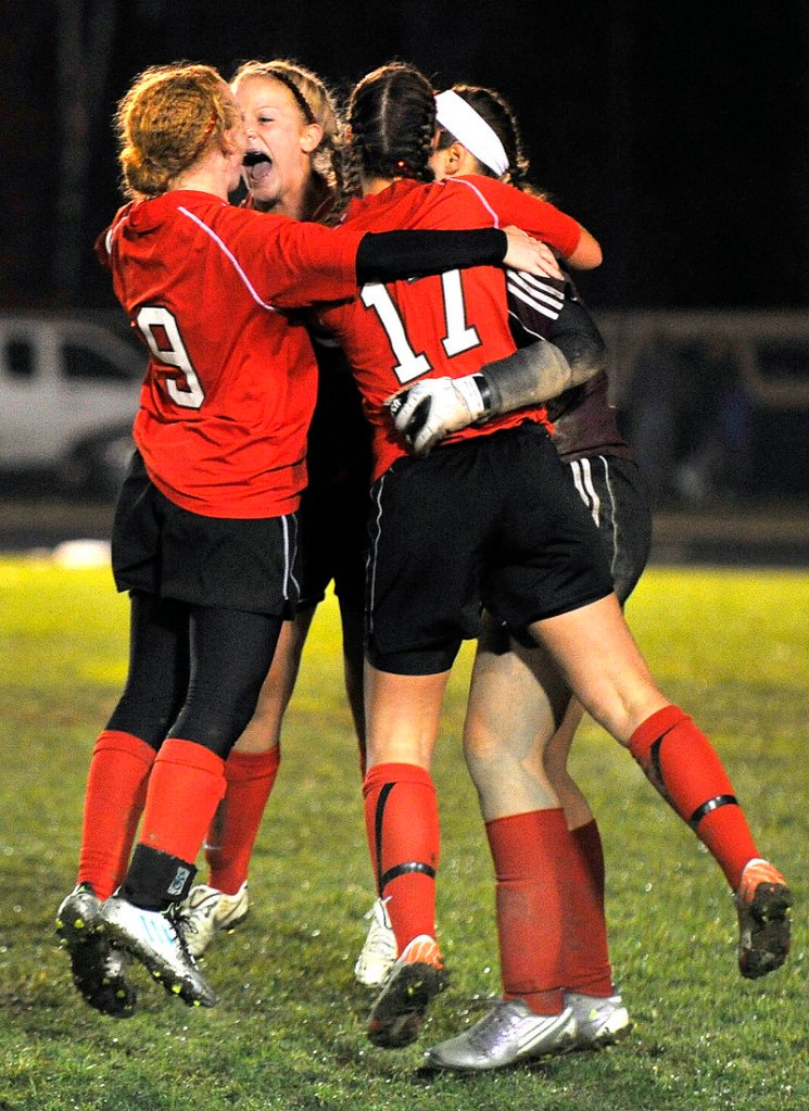 Seconds after the winning goal was scored, the game was over Wednesday night and Scarborough was celebrating its Western Class A girls’ soccer title with a 1-0 win over previously unbeaten Gorham.