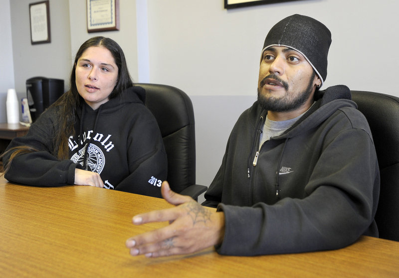 Angela Soto and her fiance, Richard Patino, moved to Portland from Damariscotta when they both lost jobs and ended up in the city’s family shelter. They say they spend their days looking for work and hunting for an apartment that will accept General Assistance vouchers.