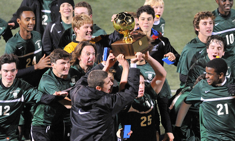 The Waynflete boys’ soccer players have a Gold Ball to show off, and show it off they did Saturday, earning the trophy by beating Houlton in the Class C state championship game.