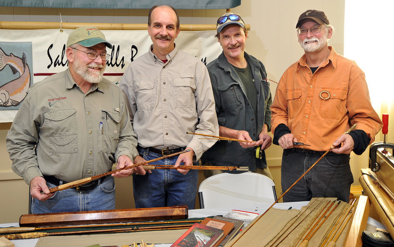 Four leading bamboo rod makers display their wares at the recent Fly Fishing Symposium at the Maine Military Museum in South Portland. They are, from left to right, Tom Whittle of Boothbay Harbor, Scott Chase of Scarborough, Joel Anderson of Auburn and David Van Burgel of Mercer.
