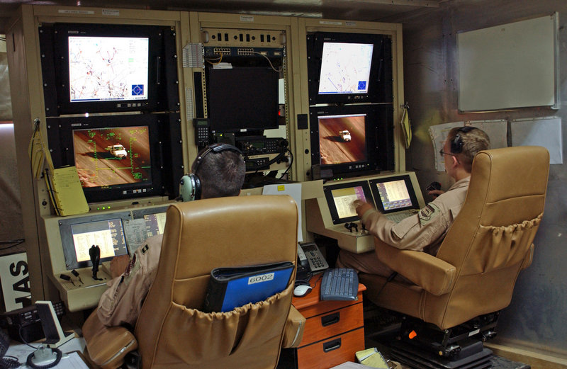 This image provided by the U.S. Air Force shows a control room located in Iraq used to launch drone attacks.