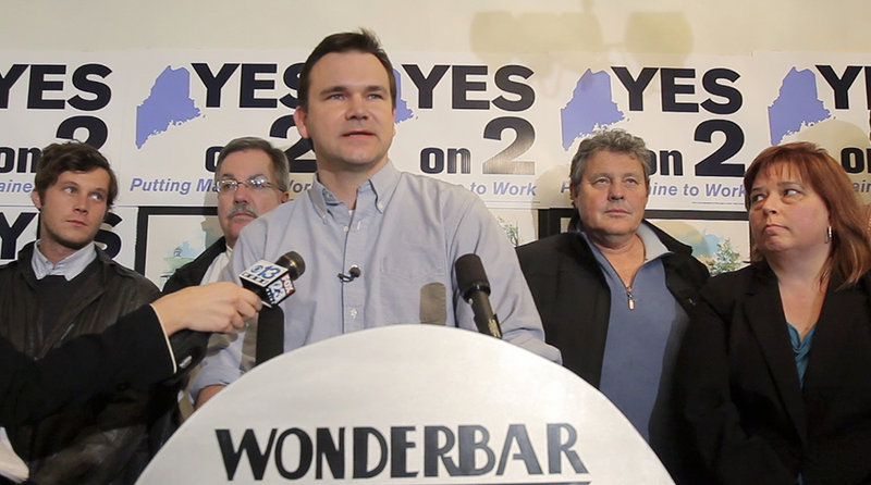 Toby McGrath, campaign manager for Yes on 2, concedes defeat in a speech at the Wonderbar restaurant in Biddeford on Tuesday night.