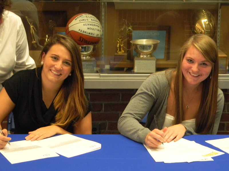 Maria Varano, left, will head to Siena to play tennis, and Janelle Bouchard, a softball catcher, plans to head to Valparaiso. Both play for Kennebunk High now, but signed letters of intent Wednesday for next season.