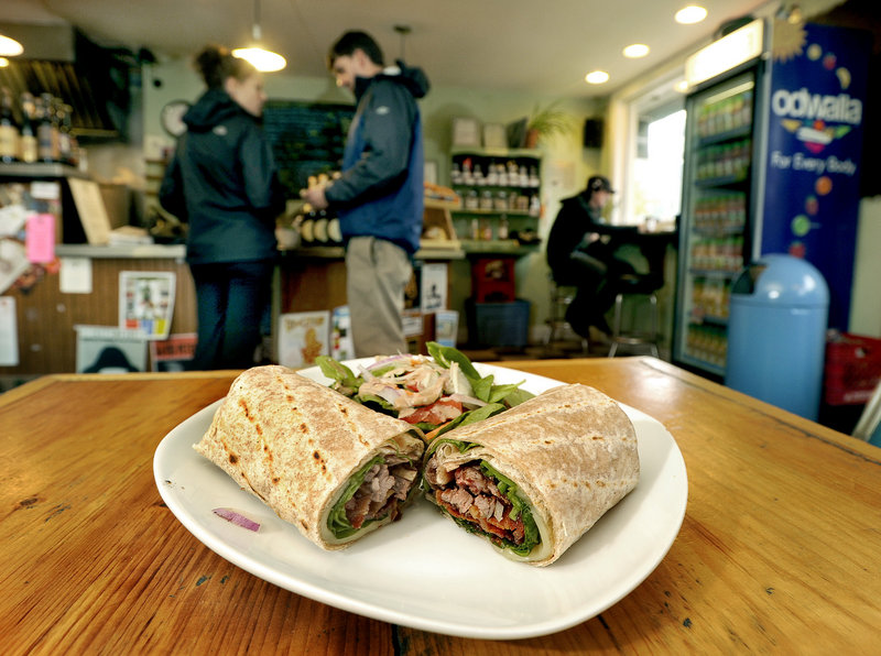 A hanger steak wrap and spinach salad at Cafe Ohno in Portland.