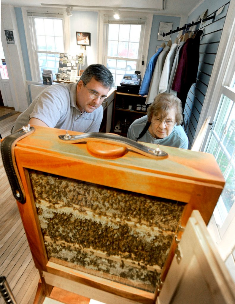 Co-owner Phil Gaven explains how The Honey Exchange’s in-store hive works to Helen Kane of Sanford.