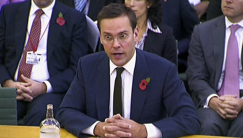News Corp. executive James Murdoch speaks during his second appearance before British parliamentarians investigating the country’s phone hacking scandal Thursday.