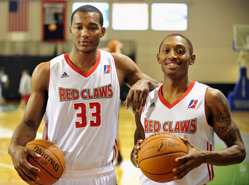 Chris Wright, left, and Kenny Hayes of the Red Claws are cousins, roommates and teammates and also childhood friends. They grew up in Ohio, played basketball together and also tinkered with a few wrestling moves in the basement.