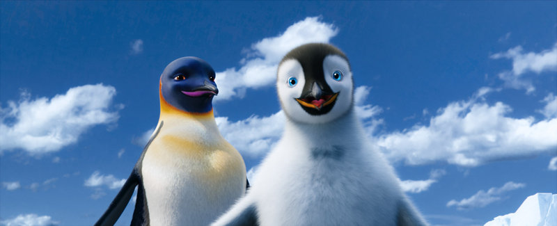 Gloria, voiced by Alecia "Pink" Moore, and Mumble, voiced by Elijah Wood, in Happy Feet Two.
