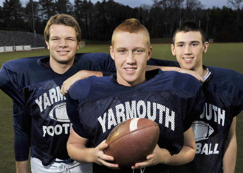 The Yarmouth line takes pride in opening the holes that the running backs have exploited. Included on the line are, from left, Ben Weinrich, Tommy Lord and Jacob French.