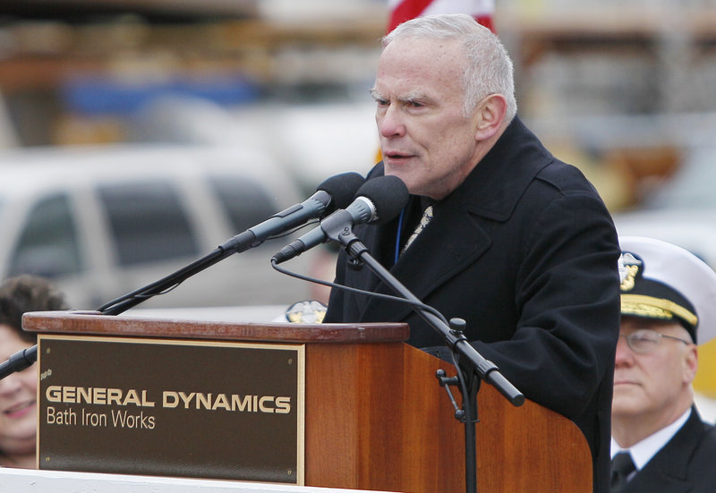 Retired Marine Corps Lt. Col. James G. Zumwalt speaks at Thursday’s ceremony. Zumwalt said that as chief of naval operations in the 1970s, his father, the late Adm. Elmo “Bud” Zumwalt, “was no traditionalist. ... He shook the Navy up, dragging it, as Time magazine describes, ‘kicking and screaming into the 20th century.’”