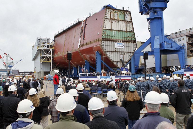 Bath Iron Works holds a "laying of the keel" ceremony to mark the completion of the first hull segment of the future USS Zumwalt. It's the biggest Navy ship built at BIW since delivery of an oil tanker to the Military Sealift Command in 1984 and will be 50 percent larger than current destroyers.